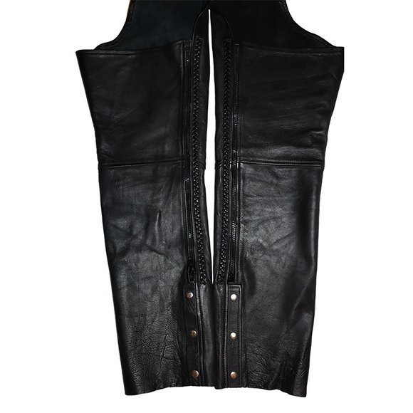 Vintage Black Genuine Leather Motorcycle Riding Chaps Heavy Leather Halloween - Picture 5 of 11